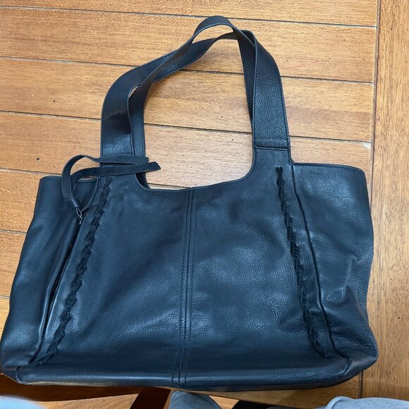 Lucky Brand Handbags - Lucky Brand Black Leather Tote Bag | Braided Leather & Fringe | Multi-Pocket